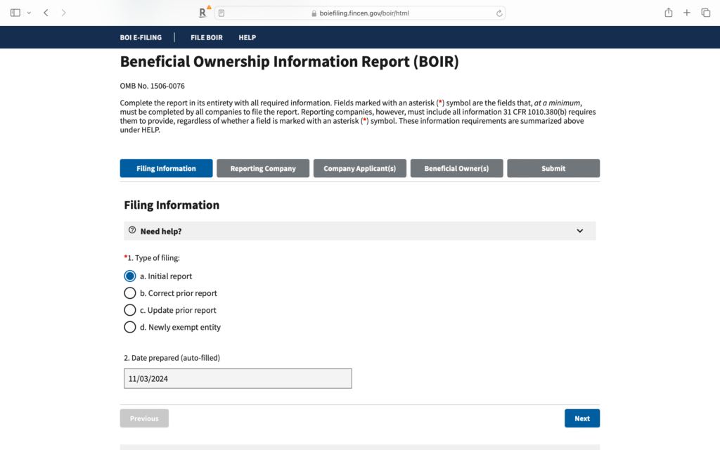 Starting BOIR with Filing Information